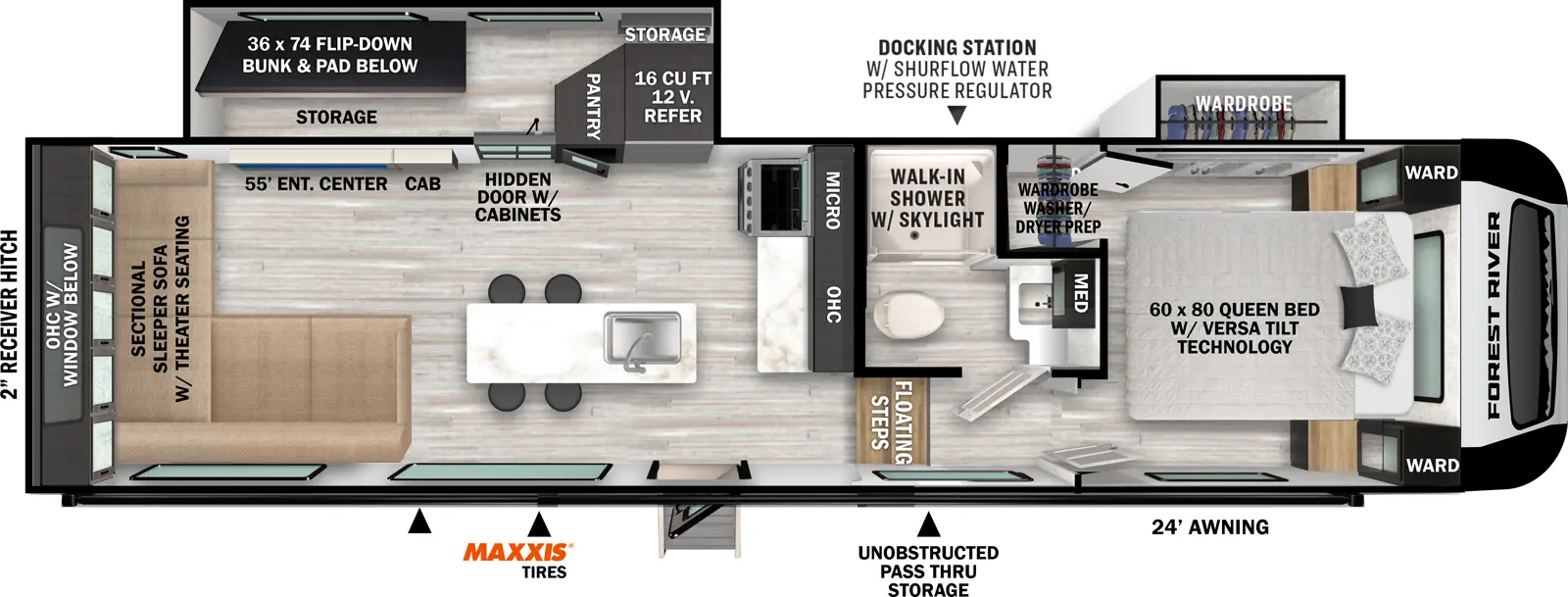 The Impression 282RLVIEW floorplan has one entry and two slide outs. Exterior features include: fiberglass exterior and 24' awning. Interiors features include: bunk beds, kitchen island, front bedroom and rear living.